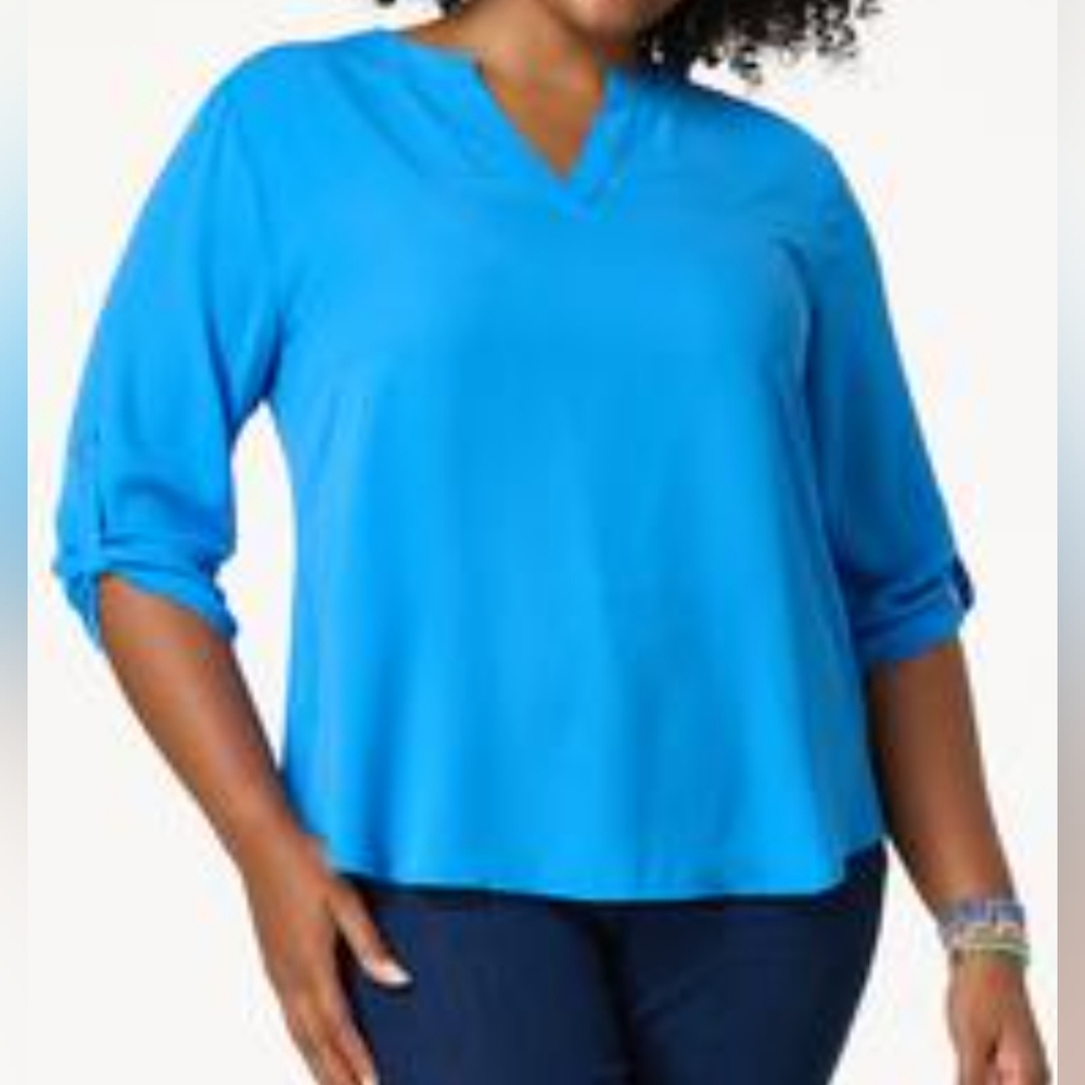 Women's Blue V-Neck Popover Top